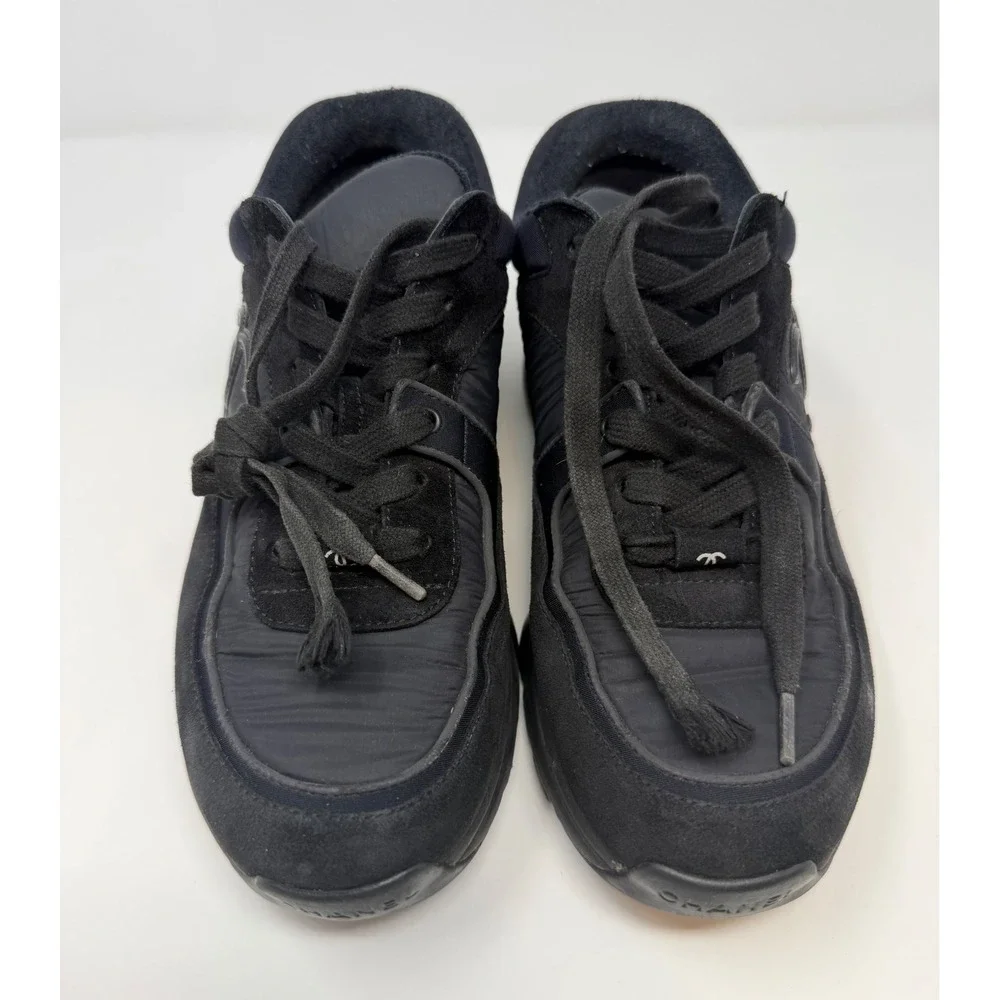 Chanel CC Triple Black Suede Trainer Sneaker Size 8 US 38 EU